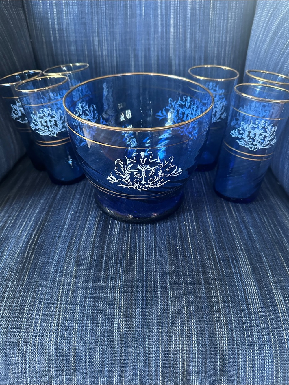 Set of 6 blown glass pontil cobalt blue gilt edge highball glasses and ice bowl